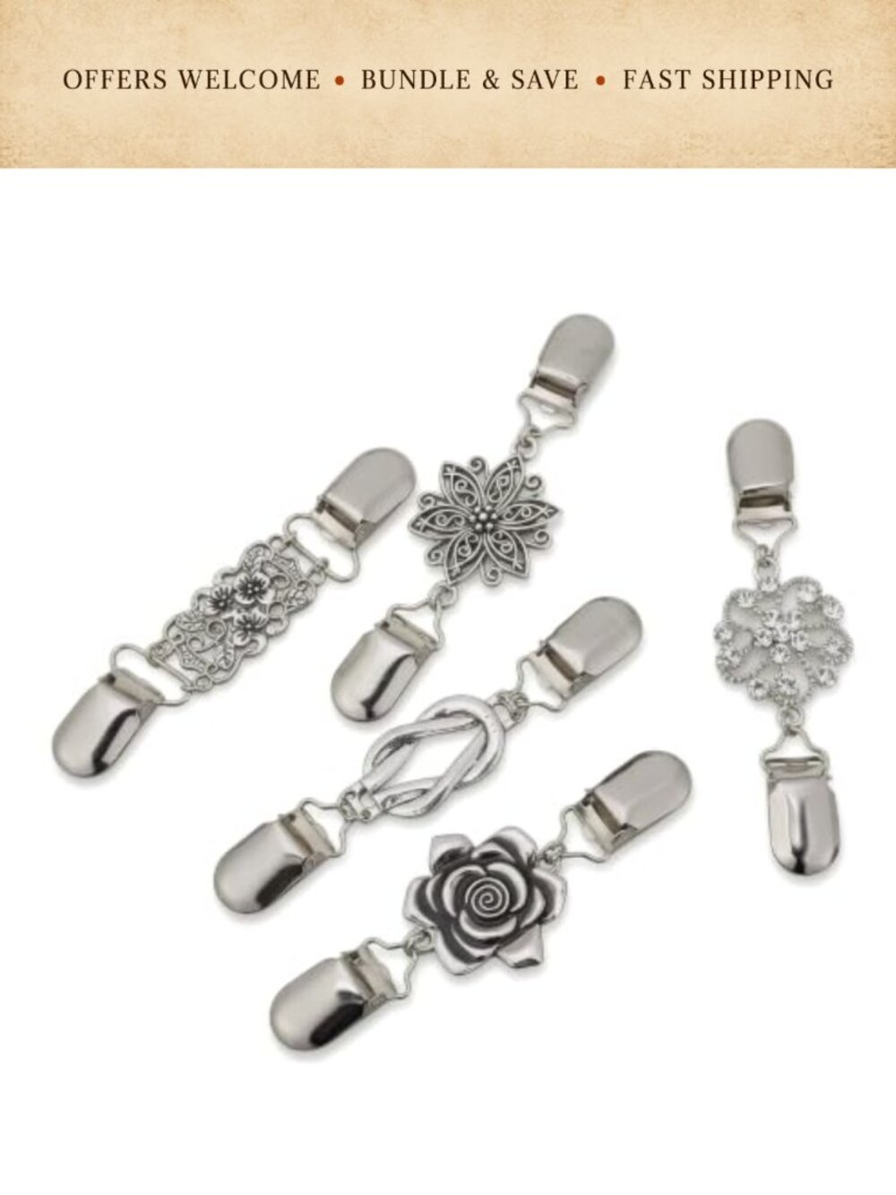 5 Pc Shawl Clips Vintage Dress Cinch Clips Brooch Pin Set Silver